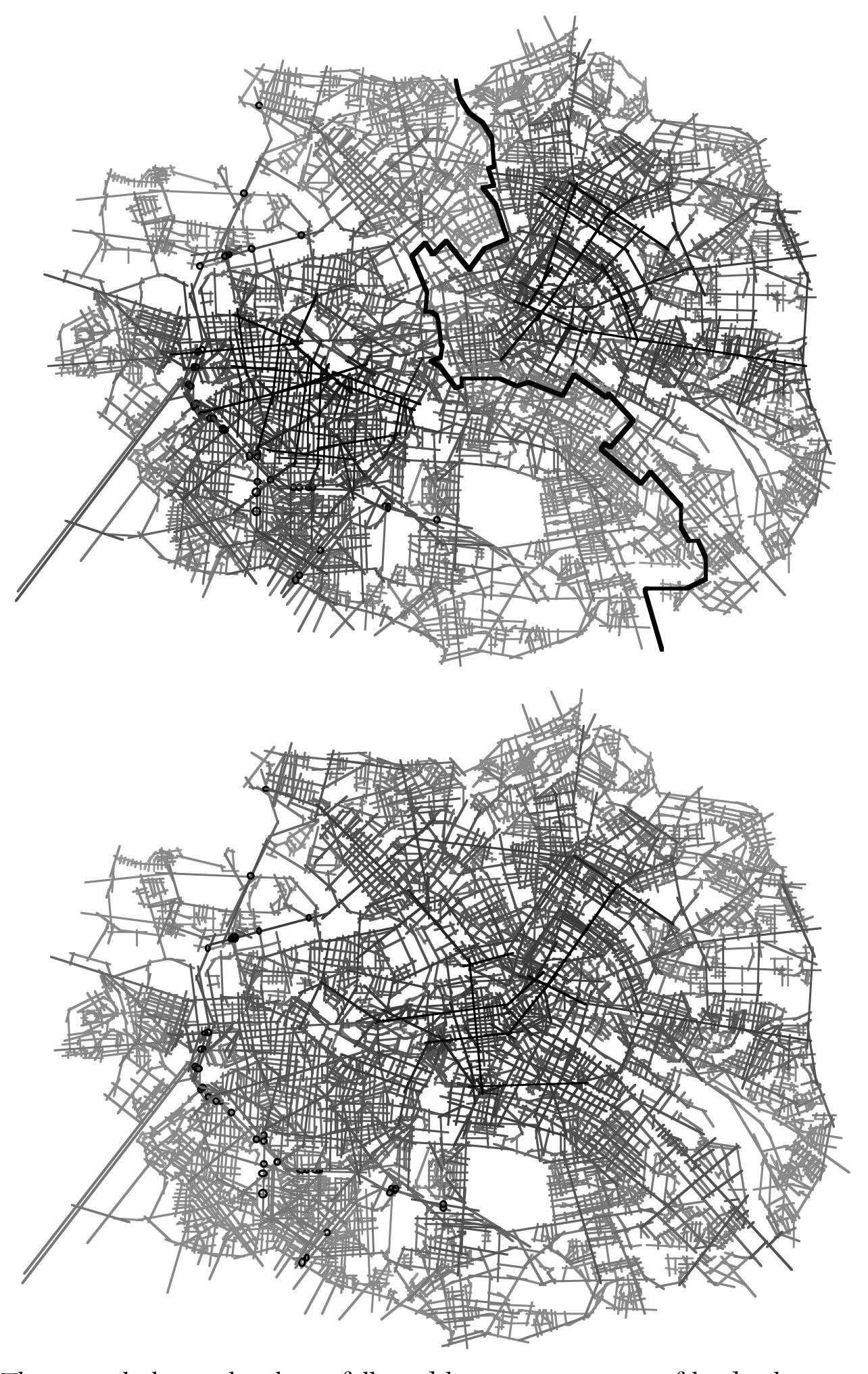 Mapa axial de Berlim com a cidade dividida pelo muro (1986) e depois da queda (1995) – Integração Global