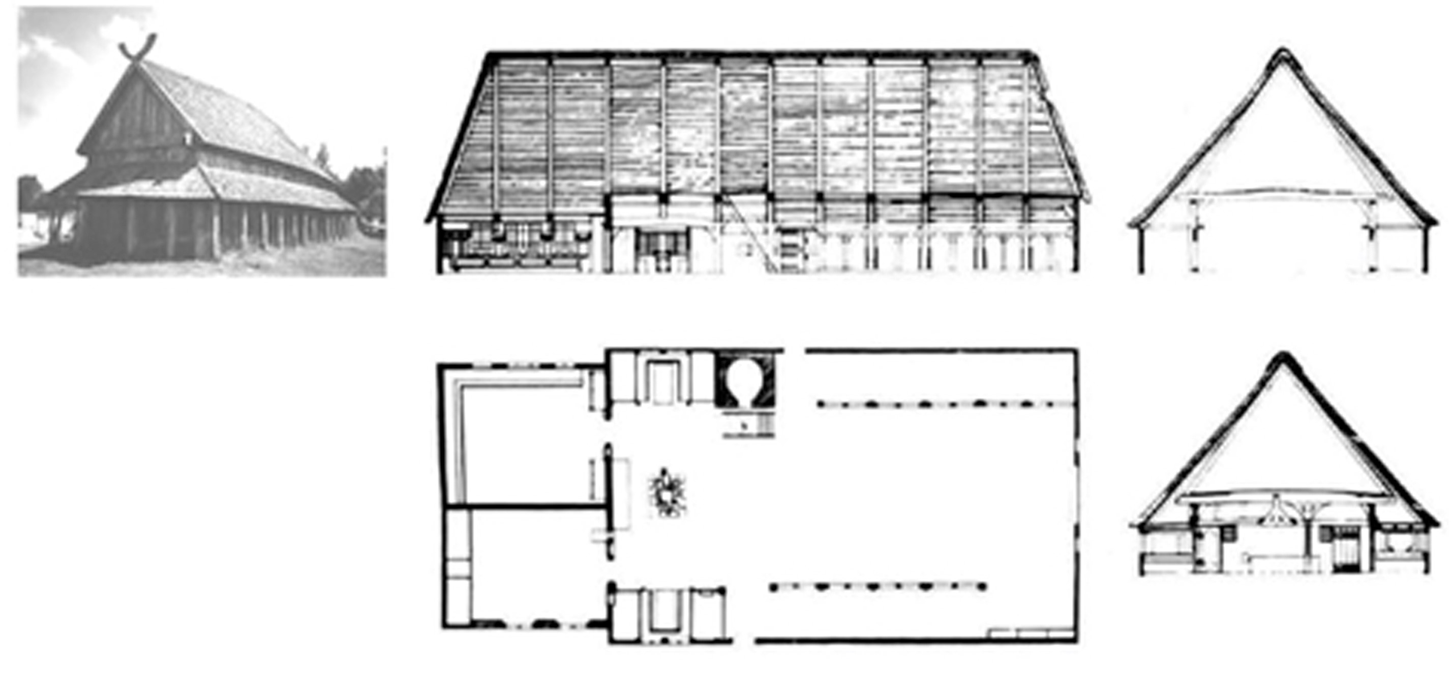 Casa vikinga y casa danesa (Ostenfeldgaarden de 1685), planta y cortes