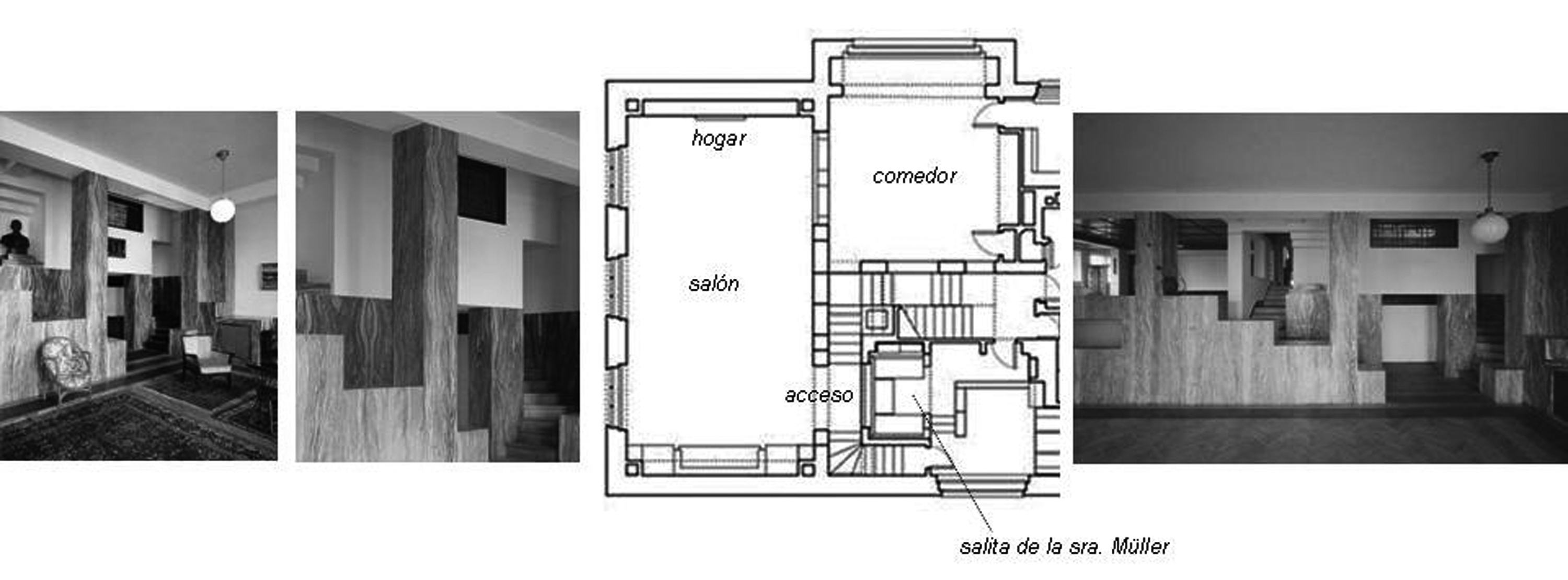 Salón de la Casa Müller. Fotos y planta donde se ve la relación que guarda el Salón con la Salita de la señora Müller