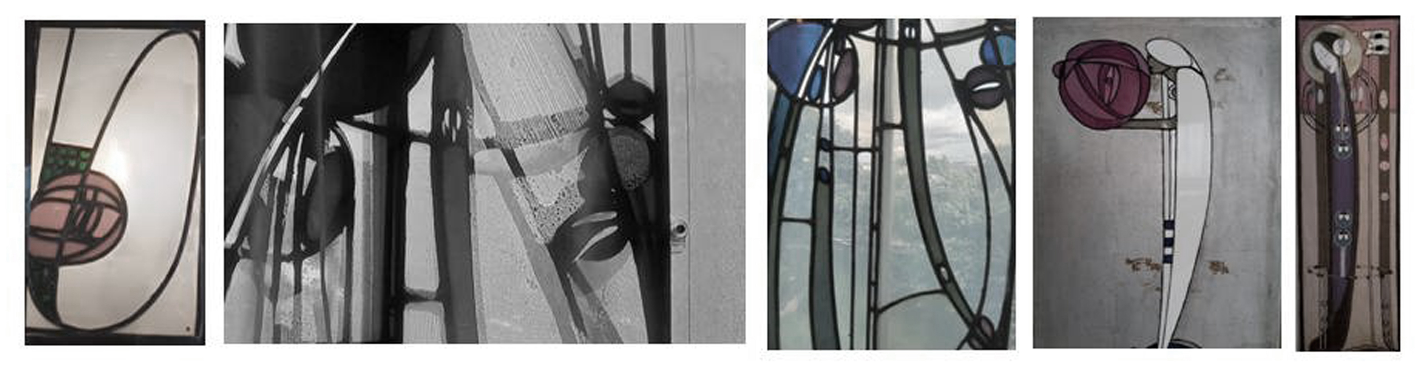 Vistas parciales y de detalle de vitrales de vanos y lámparas de la Hill House en la actualidad. Fuentes: fotos del autor tomadas en agosto de 2023