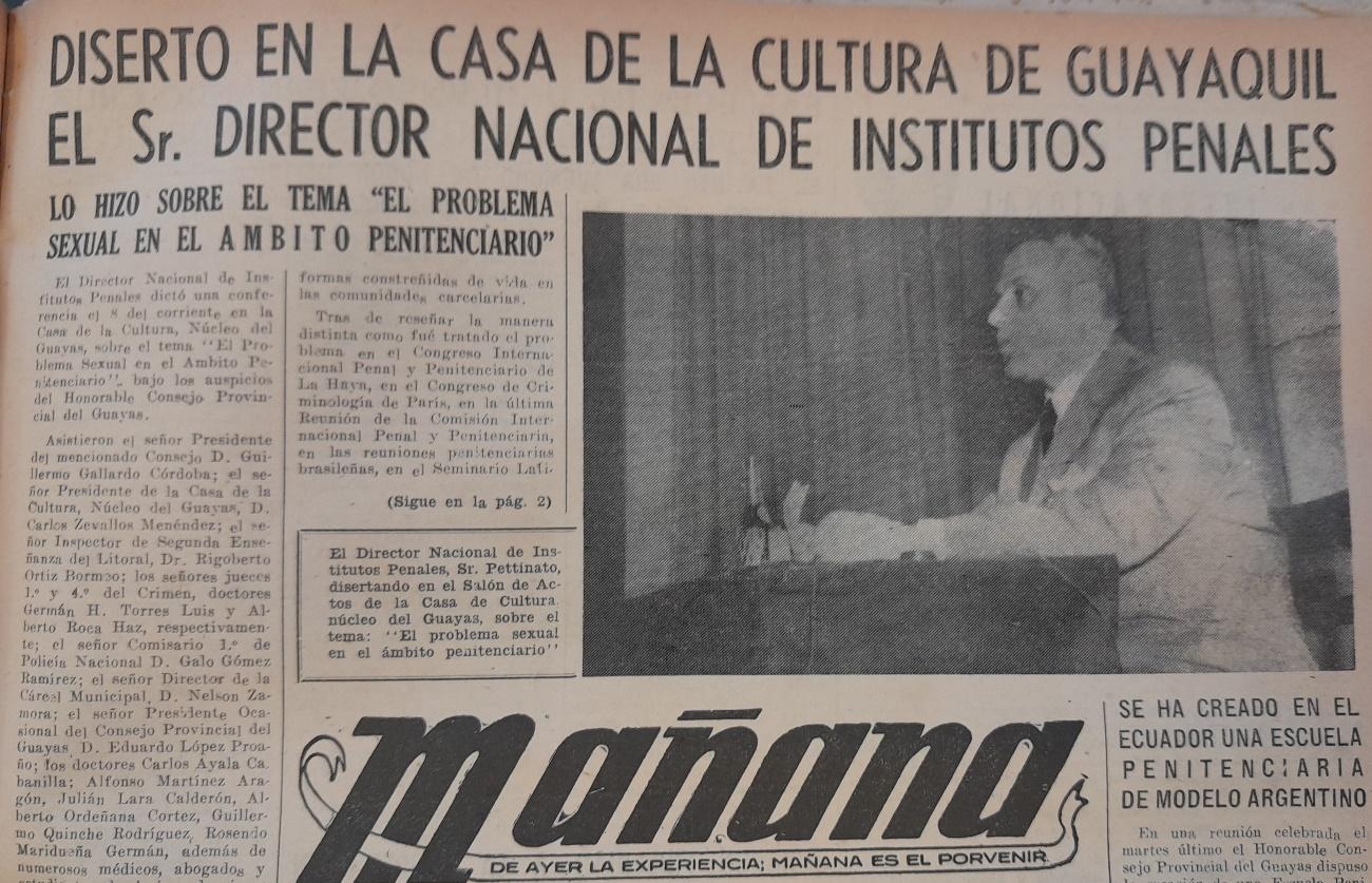 Pettinato exponiendo en Ecuador sobre el
&laquo;problema sexual&raquo;, 1954.