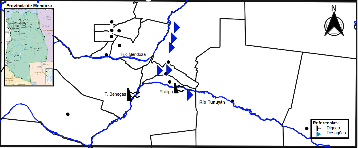 Mapa Obras hídricas sobre el río Tunuyán (1932-1943)