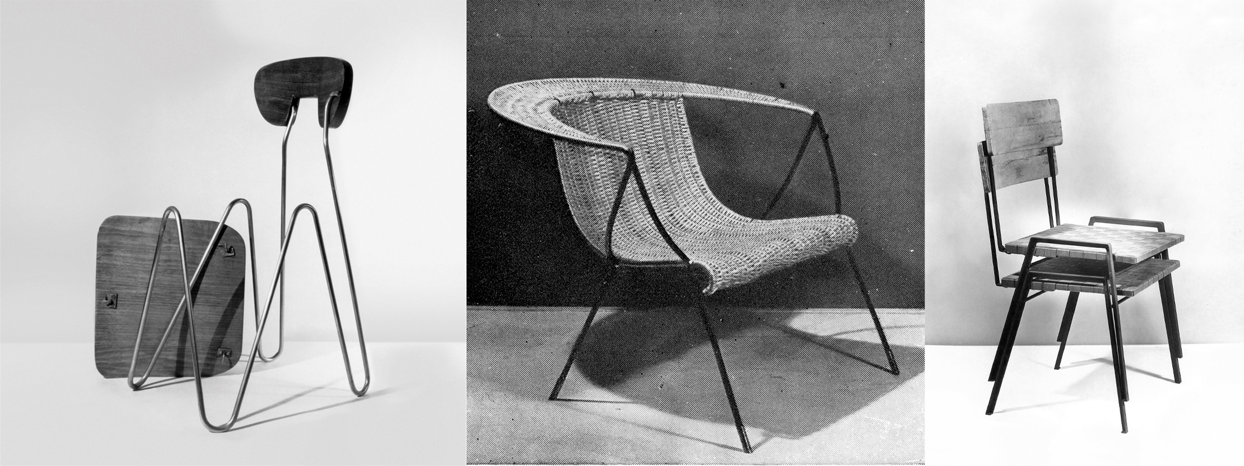 A la izquierda:
César Jannello, Silla W, 1953. En el centro: Horacio Baliero, Sillón de mimbre, 1954. A la derecha: Gerardo Clusellas, Silla
Anticorodal, 1954‒1957