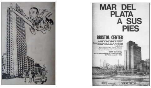 Proyectos
aprobados por excepción: caricatura alusiva al momento político (imagen izquierda) y proyecto inicial del Bristol Center (imagen derecha).