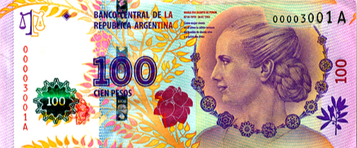 Billete de $100 pesos
con la figura de Eva Duarte de Per&oacute;n.