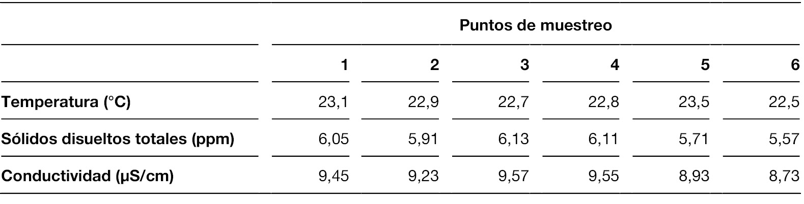 Parámetros fisicoquímicos determinados en los seis puntos del muestreo participativo en el río Tacuarembó