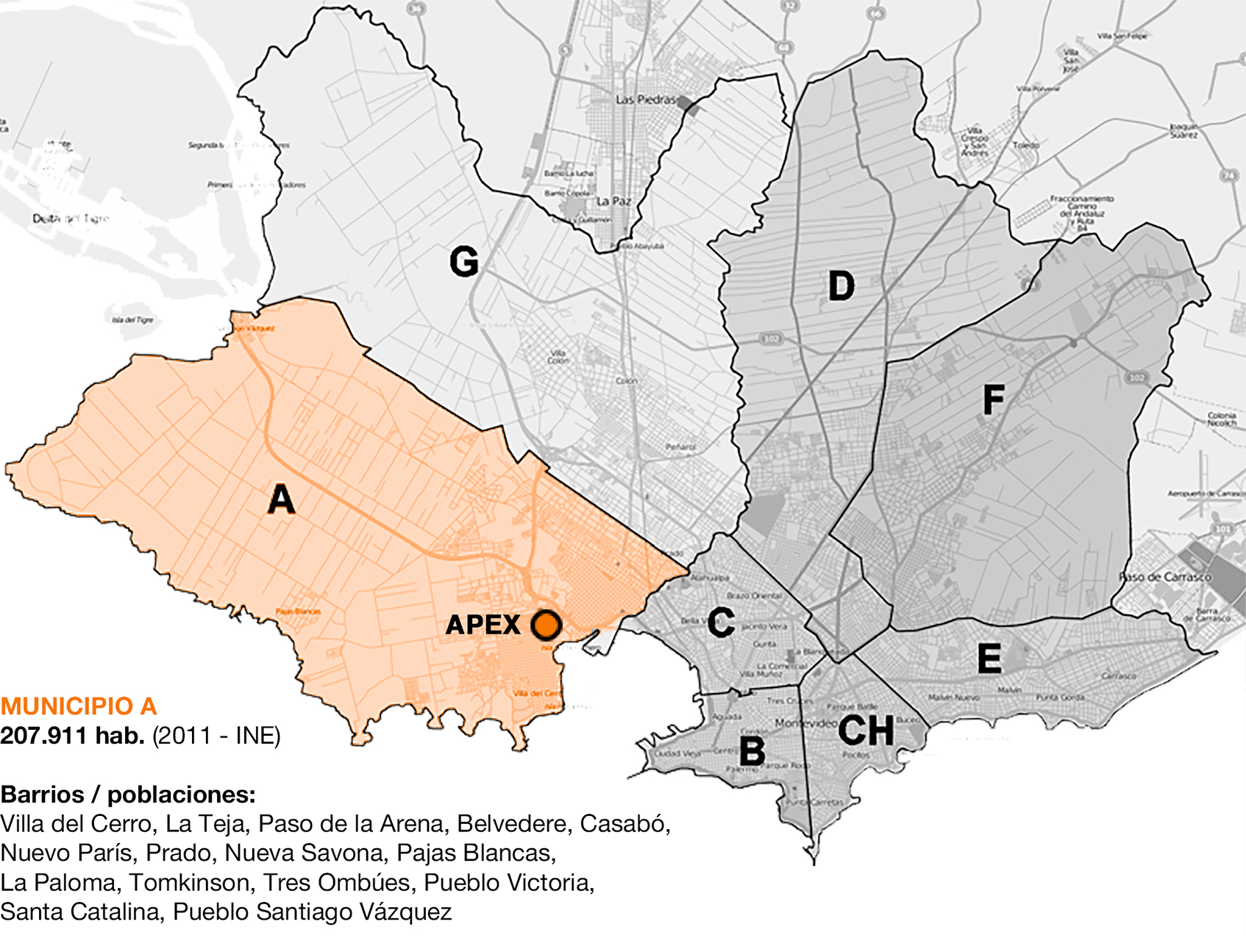 Mapa de Montevideo con los límites geográficos del Programa APEX
