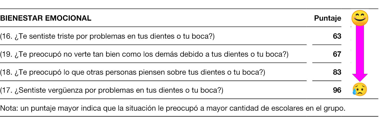 Representaciones gráficas utilizadas para el análisis y reflexión colectiva de los resultados sobre la dimensión de Bienestar emocional y salud bucal