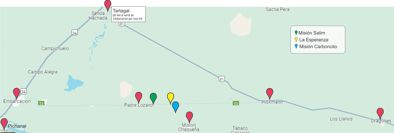 Mapa de las comunidades wichí beneficiarias del proyecto