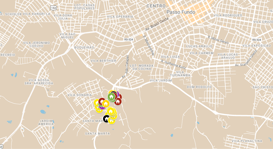Mapa dinâmico dos bairros Santa Marta e Donária, destacando os marcadores dos domicílios visitados pelo projeto de extensão universitária