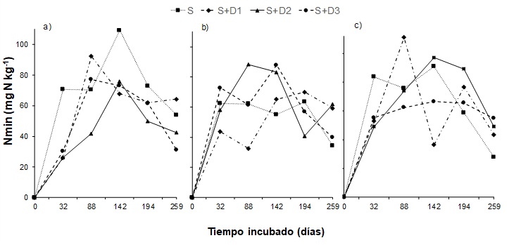 Dinámica de mineralización de N
acumulada (Nmin) para S1 (a), S2 (b) y S3 (c) con el agregado de CG en
diferentes dosis. S1, suelo franco; S2, suelo franco
fino; S3, arenoso-franco; S, suelo sin aplicación de CG; S1-S2-S3+D1, D2 y D3;
con aplicación de CG.  /  Accumulated N mineralization
dynamics for S1 (a), S2 (b) and S3 (c) with different doses of CG application.
S1, loamy soil; S2, fine-loamy soil; S3, sandy-loam soil; S, soil without CG
application; S1-S2-S3+D1, D2 and D3; soil with CG application.
