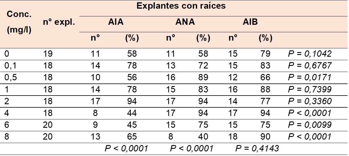 Tabla 1. Efecto del ácido indol-3-acético (AIA), ácido naftalenacético (ANA) y ácido indol-3-butírico (AIB) en el
porcentaje de explantes con raíces de N. alba cultivados in vitro. 

Table 1. Effect of indole-3-acetic acid (IAA), naphthaleneacetic acid (NAA), and
indole-3-butyric acid (IBA) on the percentage of explants with roots in in vitro-cultured N. alba. 

 