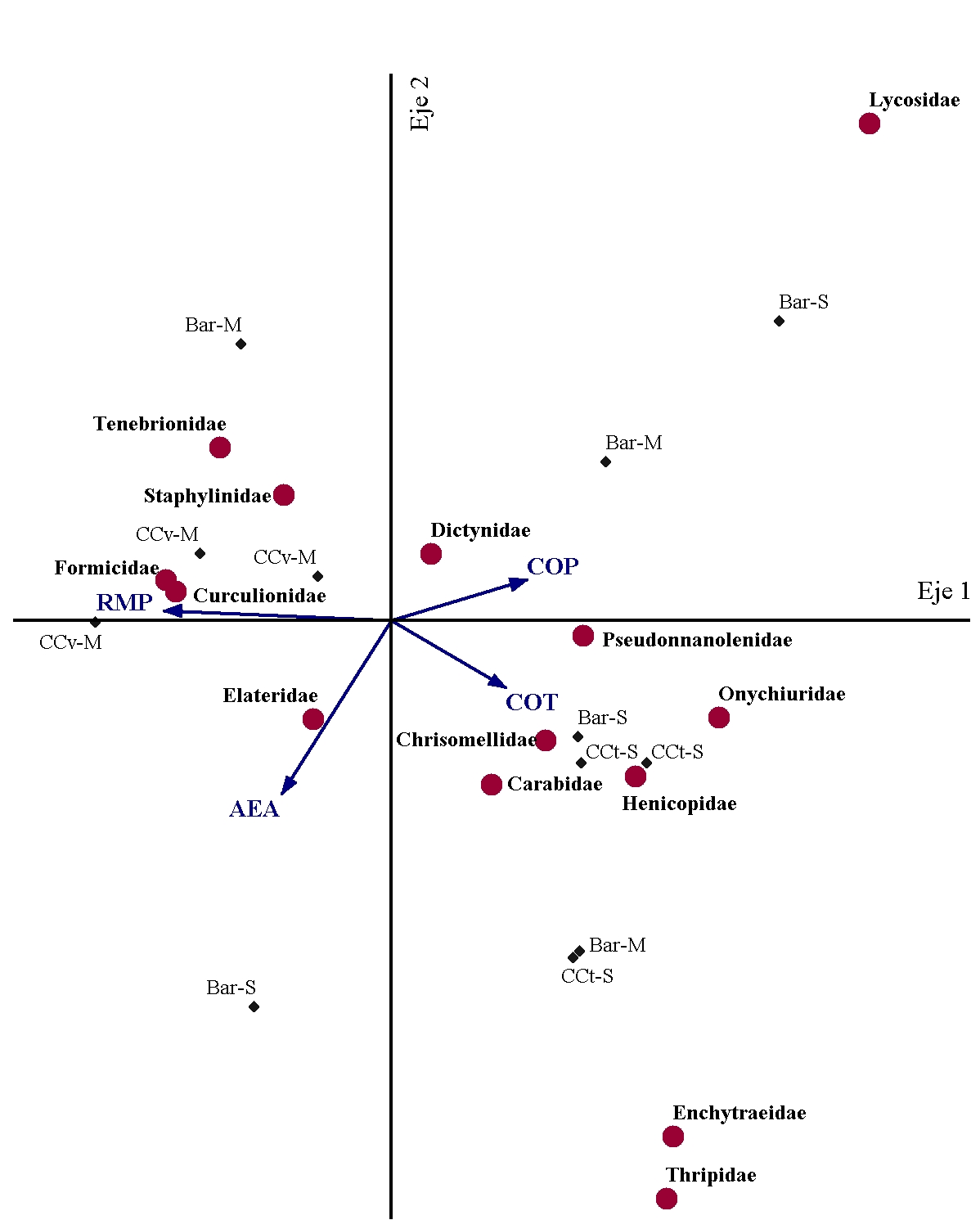 Figura 1. Análisis de Correspondencia Canónica
entre las propiedades edáficas evaluadas y la abundancia de las familias de
macrofauna más representativas en los diferentes tratamientos en el muestreo
post CC y barbecho. Referencias: COT: carbono orgánico total; COP: carbono
orgánico particulado; AEA; agregados estables al agua; RMP: resistencia
mecánica a la penetración; Bar-M: barbecho-maíz; CCv-M: CC vicia-maíz; Bar-S:
barbecho-soja; CCt-S: CC triticale-soja. 

Figure 1. Canonical
Correspondence Analysis between the evaluated soil properties and abundance of
the most representative families of macrofauna in the different treatments in
post CC and fallow sampling. References: COT: total organic carbon; COP: particulate
organic carbon; AEA: water stable aggregates; RMP: mechanical penetration
resistance; Bar-M: fallow-corn; CCv-M: CC vetch-corn; Bar-S: fallow-soybean;
CCt-S: CC triticale-soybean.