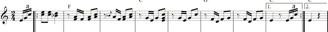 Imagen 21. Arbolito de Montiel,
Pérez y Tala, 1976. Primera sección. Melodía principal del acordeón.
Transcripción del autor.