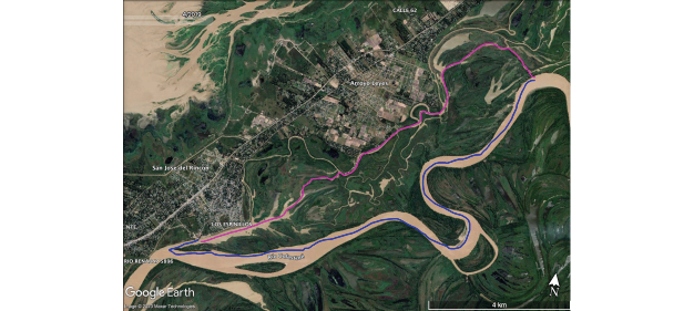 Mapa de la región Colastiné – Arroyo Leyes. En rosa, el trayecto de ida. En
azul, el trayecto de vuelta. 