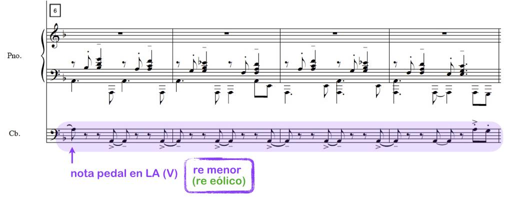 Extracto de partitura de «Mal Arreado» original del autor Sección rítmica de piano y contrabajo c 1–3.