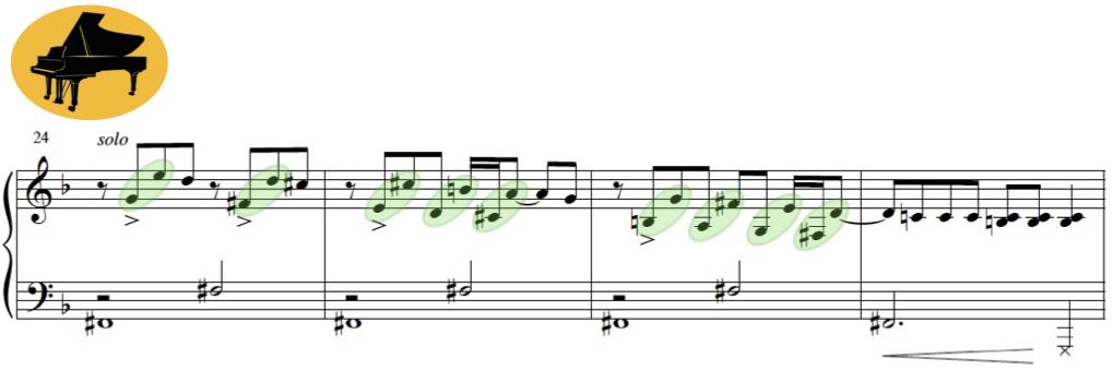 Extracto de partitura de «Mal Arreado» (original del autor). Intervalos de
sexta en solo de piano, cc. 24–27.