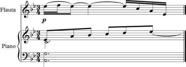 ejemplo de birritmia vertical. Compás 34 de «Litoral»