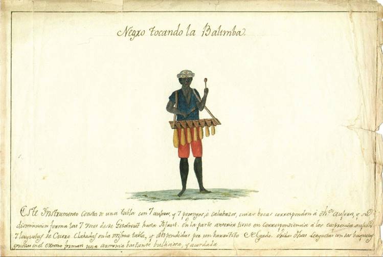 Acuarela «Negro tocando la Balimba» de autoría anónima.