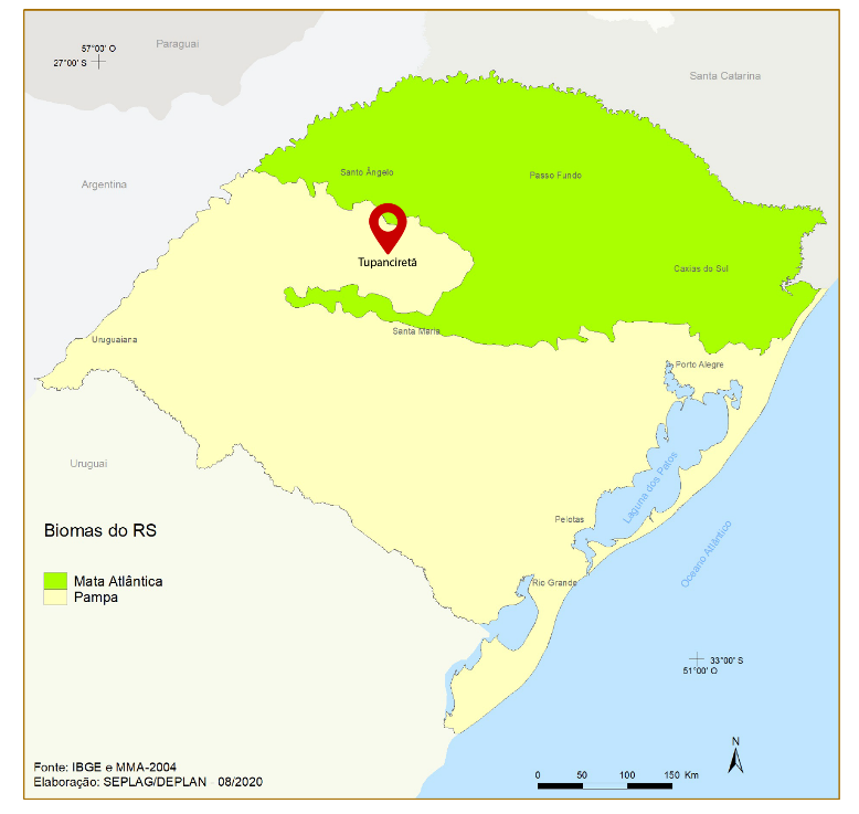 Mapa dos biomas presentes no estado do Rio Grande do Sul e a localiza&ccedil;&atilde;o do munic&iacute;pio de Tupanciret&atilde;.