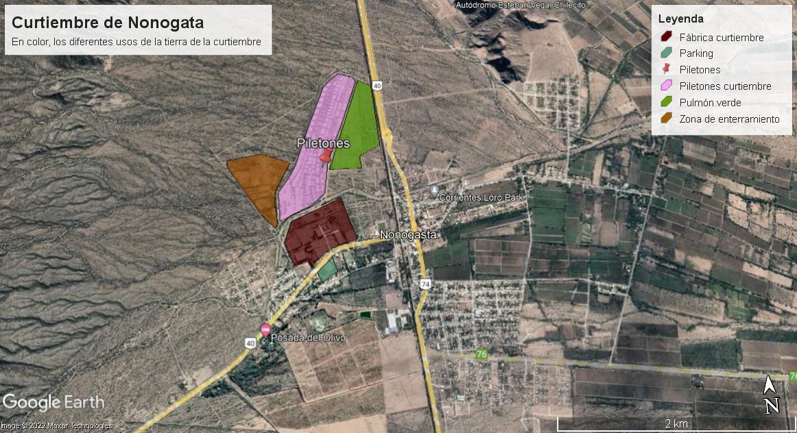 Imagen satelital donde se indica la extensi&oacute;n de los diferentes usos de la superficie de la curtiembre de Nonogasta