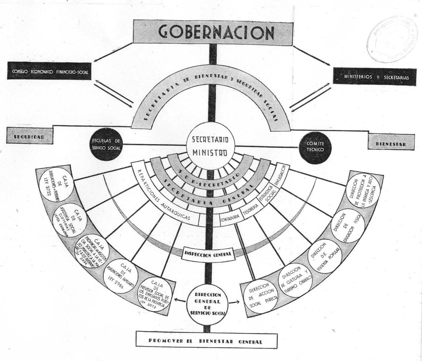 Esquema gr&aacute;fico de la organizaci&oacute;n de la Secretar&iacute;a de Bienestar y
Seguridad Social, Ley N&ordf; 3139.